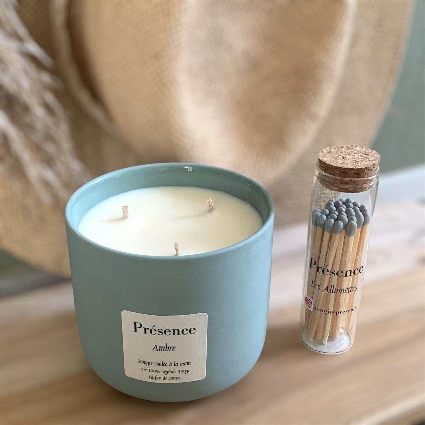 bougie ambre vert paon 330g 3 meches